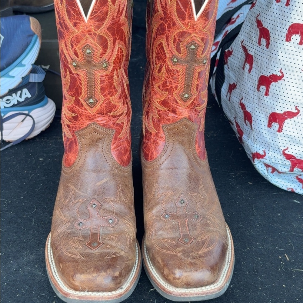 Ariat Red and Brown Heeled Boots with Geometric Tread